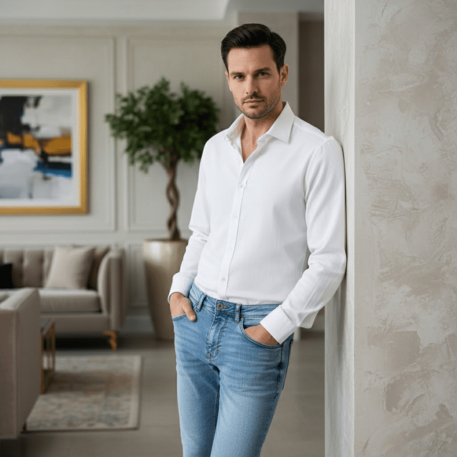 Camicia uomo cotone dobby 100% - White