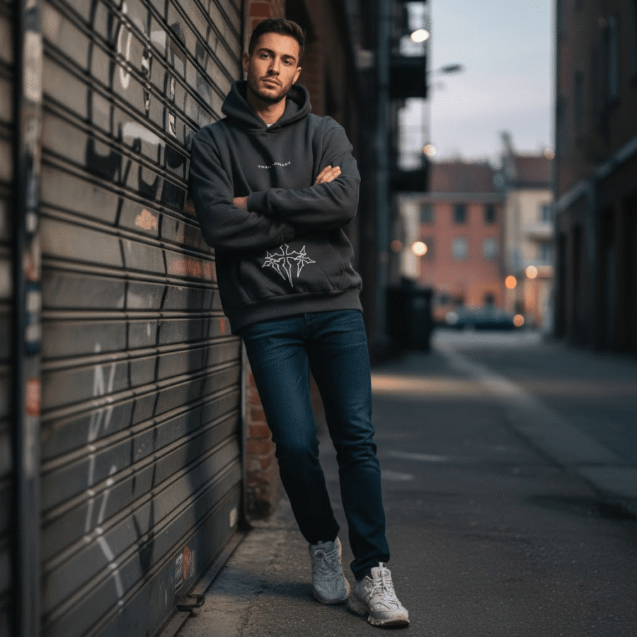 FELPA UNISEX CROSS OVERSIZE con cappuccio e stampa frontale